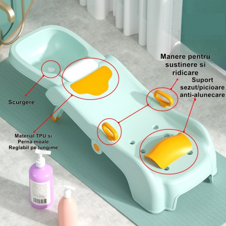 Suport Pliabil pentru Spalat Parul Flippy, Pentru Copii, cu Scurgere, cu Picioare Antialunecare, Material Polipropilena, Suport Cap Reglabil, cu Manere, 110 x 35 x 21 cm, Verde [3]