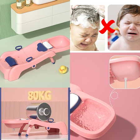 Suport Pliabil pentru Spalat Parul Flippy, Pentru Copii, cu Scurgere, cu Picioare Antialunecare, Material Polipropilena, Suport Cap Reglabil, cu Manere, 110 x 35 x 21 cm, Roz [7]