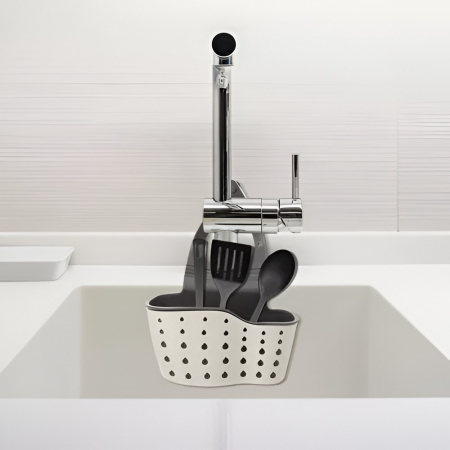 Suport Scurgere pentru Burete si Laveta de Vase Bucatarie, Flippy, Bej, Curea Reglabila, Plastic Flexibil, 15x 5x 20cm [3]