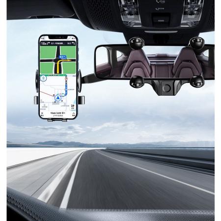 Suport Telefon Auto, Flippy, Pentru Oglinda Retrovizoare, din ABS, Reglabil 360°, Negru [7]