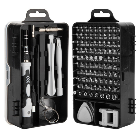 Sub 99 Lei - Surubelnite pentru Reparea Telefoanelor, Flippy, Set 115-in-1 Cromate, Demontarea Repararea Ceasurilor, Electronicelor Mici, Maner detalii Albe, 18 x 11 x 6 cm, Negru