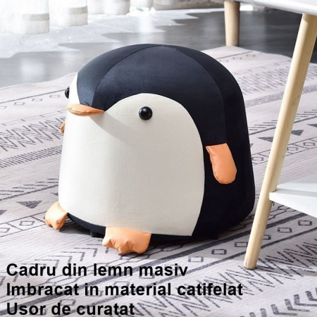 Taburet Pentru Copii, Flippy, Cadru din Lemn Masiv, 25 x 29 x 29 cm, Perna de Burete Elastica si Maner de Transport, in Forma de Pinguin, Negru [2]