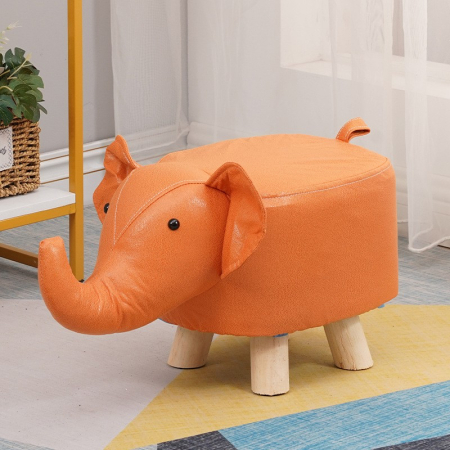 Casă și camping - Taburet pentru Copii, Flippy, Scaun Tip Taburet, Model Elefant, din Lemn Masiv, Scaun pentru Copii, 30 x 25 x 25 cm, Portocaliu