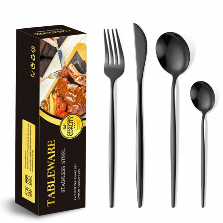 Tacamuri Portugheze, Flippy, Set din 24 de Piese din Otel Inoxidabil, 6 Cutie, 6 Furculite, 6 Linguri de Masa, 6 Linguri pentru Ceai, Negru Cosmic [1]