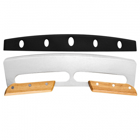 Pentru Casa si Camping - Taietor Feliator de Pizza, Flippy, din Otel Inoxidabil, cu Capac, Maner din Doua Bucatie, din Lemn, Antialunecare, Lama Neteda si Ascutita, 34x10 cm, Maro