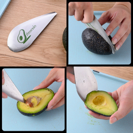 Taietor special pentru avocado Flippy, 3 in 1, forma curbata, zimti pentru apucare si taiere, din otel inoxidabil, 15 x 6 cm, gri [1]