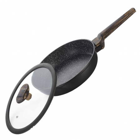 Pentru Casa si Camping - Tigaie adanca cu capac GP-3024SG, acoperire din marmura, maner lemn design, 24cm