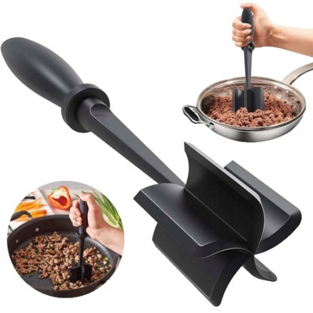 Ustensile de bucatarie - Tocator de Carne Manual, Flippy, cu Lama pentru Tocarea si Amestecarea Carnii, 28x6cm, cu 5 Lame Curbate, Rezistent la Caldura, Multifunctional, Plastic Rezistent, Negru