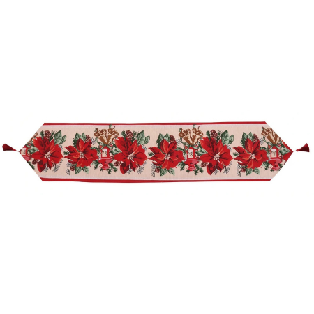Casă și camping - Traversa de Masa pentru Craciun, Flippy, Napron, din Material Tricotat cu Tesatura Groasa, Model Flori Rosii, cu Colt si Ciucure, 173x34x0.2 cm, Alb/ Rosu