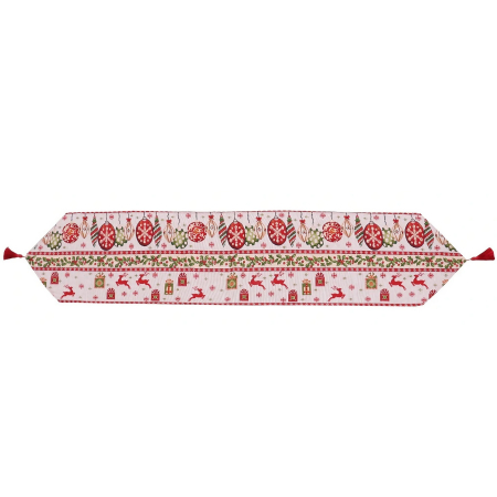 Sub 99 Lei - Traversa de Masa pentru Craciun, Flippy, Napron, din Material Tricotat cu Tesatura Groasa, Model Globuri, Reni si Cadouri, cu Colt si Ciucure, 173x34x0.2 cm, Alb/ Rosu