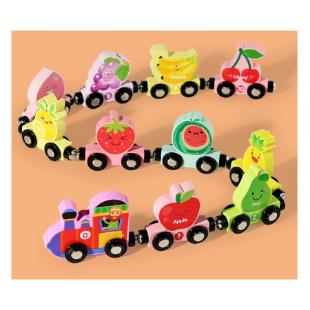 Trenulet Magnetic, Flippy, din Lemn, Model 10 Fructe, +3 Ani, Jucarie de Asamblat, Multicolor [3]
