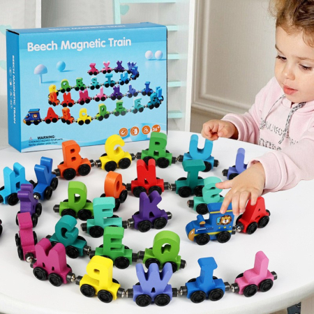 Trenulet Magnetic, Flippy, din Lemn, Model Alfabet, 26 Litere, +3 Ani, Jucarie de Asamblat, Multicolor [2]