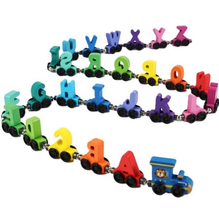Jocuri si jucarii interactive - Trenulet Magnetic, Flippy, din Lemn, Model Alfabet, 26 Litere, +3 Ani, Jucarie de Asamblat, Multicolor