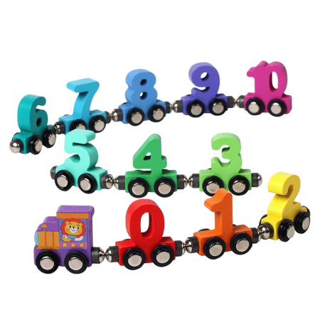 Jucarii, Copii & Bebe - Trenulet Magnetic, Flippy, din Lemn, Model Cifre, 62 cm, +3 Ani, Jucarie de Asamblat, Multicolor