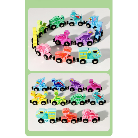 Trenulet Magnetic, Flippy, din Lemn, Model Dinozauri, 10 Animale, +3 Ani, Jucarie de Asamblat, Multicolor [2]