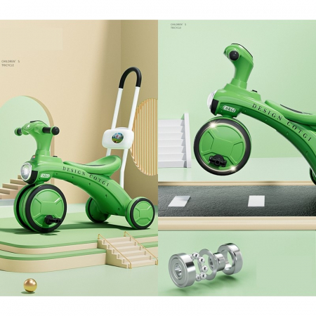 Tricicleta pentru copii Flippy, pedalare, impingere, lumini si sunete, pedale antiderapante, material dur, cos depozitare, varsta peste 18 luni, 80x40x52 cm, verde [1]