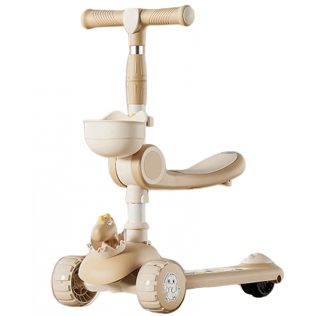 Jucarii, Copii & Bebe - Trotineta Multifunctionala 3 in 1, Flippy, pentru Copii, 1-7 Ani, cu Lumini si Muzica, Reglabil 360, Pliere Usoara, Reglarea Inaltimii, Model Dinozaur, 67-76 x 24 x 55 cm, Alb/Bej