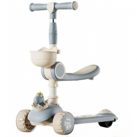 Jucarii, Copii & Bebe - Trotineta Multifunctionala 3 in 1, Flippy, pentru Copii, 1-7 Ani, cu Lumini si Muzica, Reglabil 360, Pliere Usoara, Reglarea Inaltimii, Model Dinozaur, Bej/Albastru