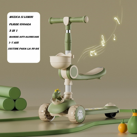 Trotineta Multifunctionala 3 in 1, Flippy, pentru Copii, 1-7 Ani, cu Lumini si Muzica, Reglabil 360, Pliere Usoara, Reglarea Inaltimii, Model Dinozaur, Bej/Verde [5]