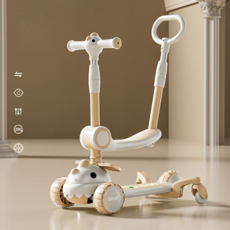 Trotineta Multifunctionala 6 in 1, Flippy, Pentru Copii De La 10 Luni Pana La 12 Ani, Cu Maner De Impingere, Reglabil 360, Pliere Usoara, Reglarea Inaltimii, Model Dinozaur, Alb/Bej [5]