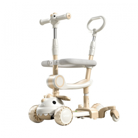 Jucarii, Copii & Bebe - Trotineta Multifunctionala 6 in 1, Flippy, Pentru Copii De La 10 Luni Pana La 12 Ani, Cu Maner De Impingere, Reglabil 360, Pliere Usoara, Reglarea Inaltimii, Model Dinozaur, Alb/Bej