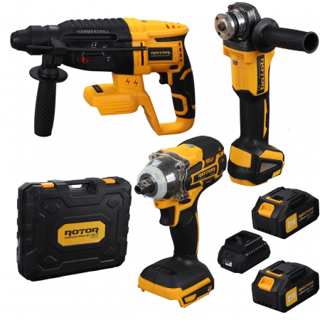Bricolaj - Trusa de scule 3 in 1 ROTOR RSET3, Rotopercutor ,Polizor unghiular, Autofiletanta 21V/3Ah