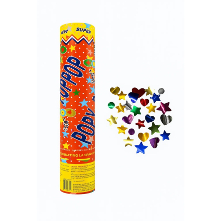 Decorațiuni și accesorii pentru petreceri - Tun de Confetti, Flippy, Party Popper 40 cm, Model Stelute, Inimioare, Paiete Lucioase, 3 cm Diametru, Multicolor
