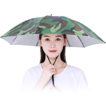 Textile și accesorii pentru casă și călătorii - Umbrela de Cap, Flippy, Diametru 69 cm, Snur Reglabil de Cap, Protectie UV/Ploaie, Camuflaj