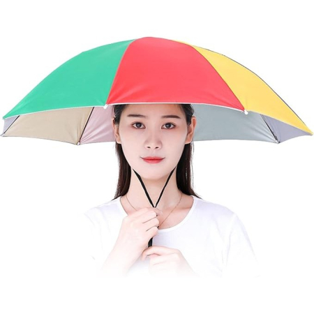 Textile și accesorii pentru casă și călătorii - Umbrela de Cap, Flippy, Diametru 69 cm, Snur Reglabil de Cap, Protectie UV/Ploaie, Curcubeu