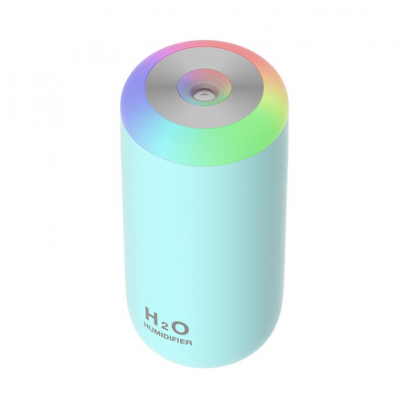 Pentru Casa si Camping - Umidificator, H2O, cu Difuzor de Aroma, Lumina de Noapte LED in 7 Culori, Zgomot Redus, 14.7x7.2cm, 350mL, Culoare Albastra