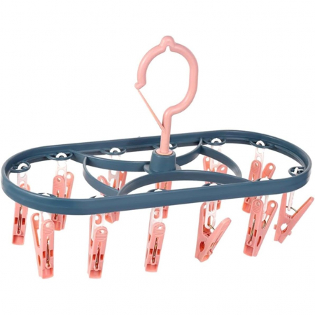 Uscatoare si standere haine - Uscator de Rufe Suspendat Flippy, cu 12 Carlige, Rotire 360 Grade, Protectie Vant, Mateiral Plastic, Usor de Depozitat, Multifunctional, 30 x 12.5 cm, Albastru/Roz