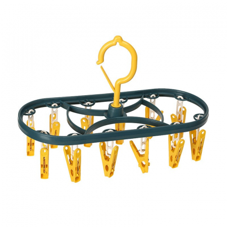 Uscatoare si standere haine - Uscator de Rufe Suspendat Flippy, cu 12 Carlige, Rotire 360 Grade, Protectie Vant, Mateiral Plastic, Usor de Depozitat, Multifunctional, 30 x 12.5 cm, Albastru/Galben