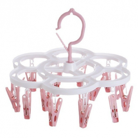 Uscatoare si standere haine - Uscator de Rufe Suspendat Flippy, cu 16 Carlige, Rotire 360 Grade, Mateiral Plastic, Usor de Depozitat, Multifunctional, 26 x 21 cm, Roz