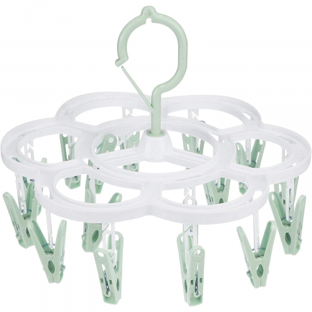 Uscatoare si standere haine - Uscator de Rufe Suspendat Flippy, cu 16 Carlige, Rotire 360 Grade, Mateiral Plastic, Usor de Depozitat, Multifunctional, 26 x 21 cm, Verde
