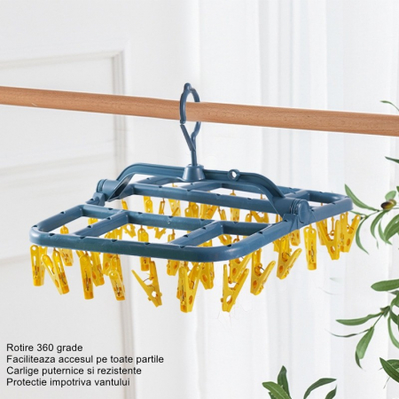 Uscator de Rufe Suspendat Flippy, cu 40 Carlige, Rotire 360 Grade, Protectie Vant, Pliabil, Patrat, Mateiral Plastic, Usor de Depozitat, Multifunctional, 36 x 24 cm, Albastru/Galben [3]