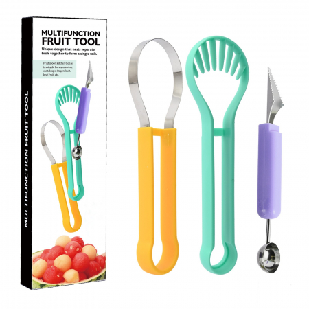 Ustensila bucatarie 4 in 1 pentru taiat si decorat fructe Flippy, material inox si plastic, compact, 28x6.2 cm, multicolor [7]