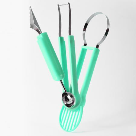 Ustensila bucatarie 4 in 1 pentru taiat si decorat fructe Flippy, material inox si plastic, compact, 28x6.2 cm, verde [4]
