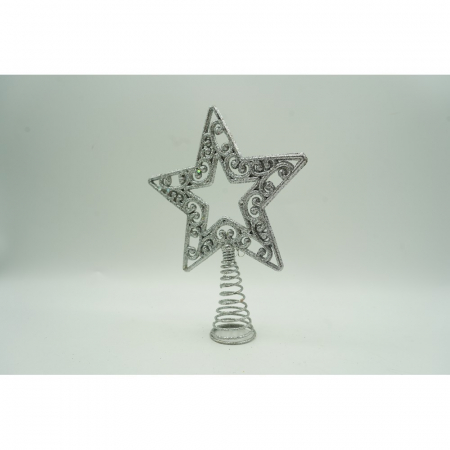 Varf decorativ de brad, Argintiu, in forma de Stea, decupata in centru, din Plastic/Metal, 14 cm x 19 cm, Interior/Exterior, Flippy [7]