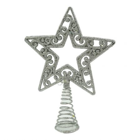 Varf decorativ de brad, Argintiu, in forma de Stea, decupata in centru, din Plastic/Metal, 14 cm x 19 cm, Interior/Exterior, Flippy [0]