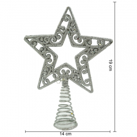 Varf decorativ de brad, Argintiu, in forma de Stea, decupata in centru, din Plastic/Metal, 14 cm x 19 cm, Interior/Exterior, Flippy [10]
