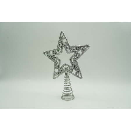 Varf decorativ de brad, Argintiu, in forma de Stea, decupata in centru, din Plastic/Metal, 14 cm x 19 cm, Interior/Exterior, Flippy [2]