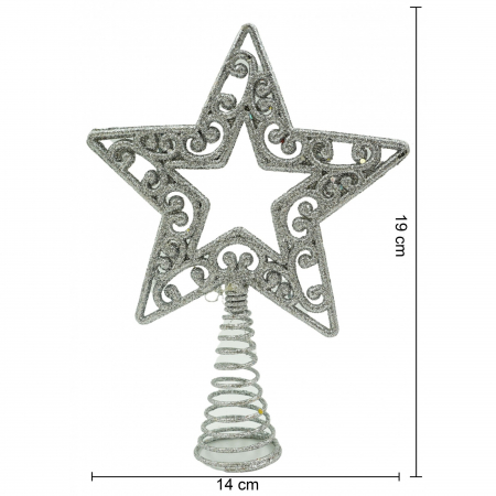 Varf decorativ de brad, Argintiu, in forma de Stea, decupata in centru, din Plastic/Metal, 14 cm x 19 cm, Interior/Exterior, Flippy [5]