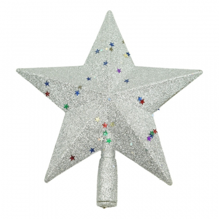 Decoratiuni, ornamente si articole Craciun - Varf decorativ de brad, Argintiu, in forma de Stea, design cu paiete, din Plastic, 18 cm x 20 cm, Interior/Exterior, Flippy