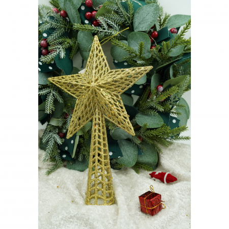 Varf decorativ de brad, Auriu, in forma de Stea, cu model decupat, din Plastic/Metal, 18 cm x 26 cm, Interior/Exterior, Flippy [2]