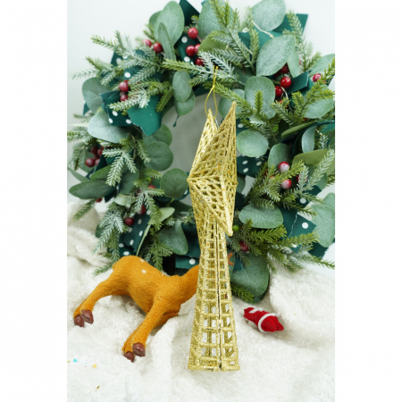 Varf decorativ de brad, Auriu, in forma de Stea, cu model decupat, din Plastic/Metal, 18 cm x 26 cm, Interior/Exterior, Flippy [4]