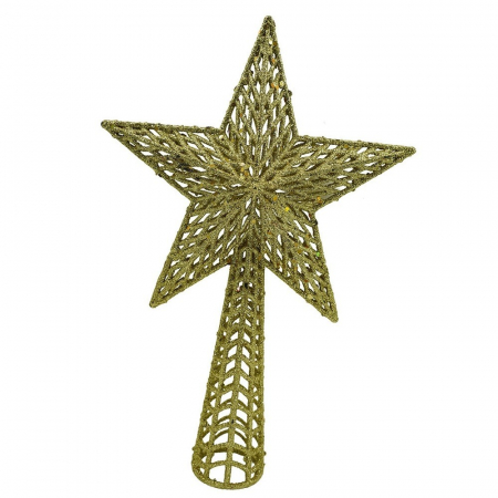 Decoratiuni, ornamente si articole Craciun - Varf decorativ de brad, Auriu, in forma de Stea, cu model decupat, din Plastic/Metal, 18 cm x 26 cm, Interior/Exterior, Flippy