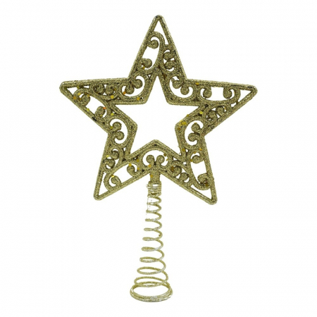 Decoratiuni, ornamente si articole Craciun - Varf decorativ de brad, Auriu, in forma de Stea, decupata in centru, din Plastic/Metal, 14 cm x 19 cm, Interior/Exterior, Flippy