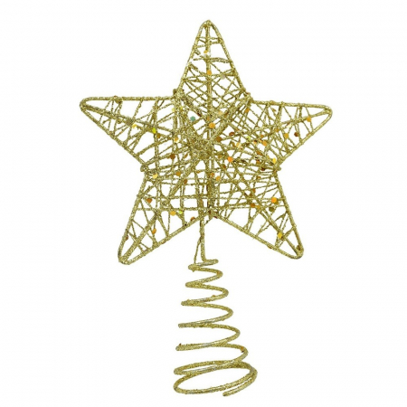 Decoratiuni, ornamente si articole Craciun - Varf decorativ de brad, Auriu, in forma de Stea, design cu paiete, din Plastic/Metal, 13 cm x 18 cm, diametru 4 cm, Interior/Exterior, Flippy