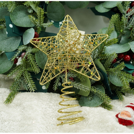 Varf decorativ de brad, Auriu, in forma de Stea, design cu paiete, din Plastic/Metal, 13 cm x 18 cm, diametru 4 cm, Interior/Exterior, Flippy [6]