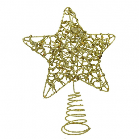 Decoratiuni, ornamente si articole Craciun - Varf decorativ de brad, Auriu, in forma de Stea, design cu paiete, din Plastic/Metal, 18 cm x 23 cm, Interior/Exterior, Flippy